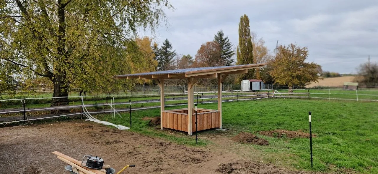Neu gebauter Holzunterstand mit Satteldach auf einer Pferdeweide